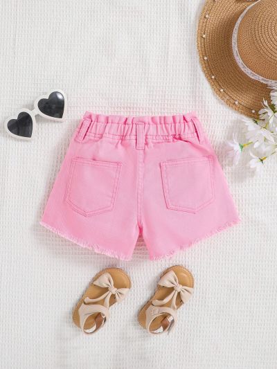 SHEIN Young Girls' Spring Summer Boho Ruffle  Dopamine Pink Jeans ShortsFrayed Hem Washed Comfortable Soft Denim Shorts