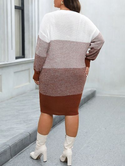 SHEIN Frenchy Plus Size Women'S Color Block Drop Shoulder Long Sleeve Sweater Dress