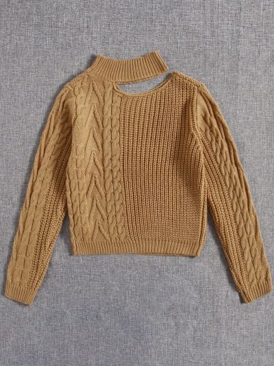 Teen Girls' Asymmetrical Neckline Twisted Knit Sweater