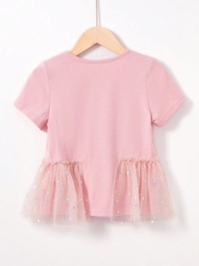 SHEIN Kids QTFun Young Girl's Round Neck Short Sleeve T-Shirt With Animal Pattern & Mesh Fabric Hem