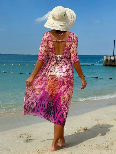 SHEIN Swim Basics Women's Floral Print Deep V-Neck Half Sleeve Kimono Style Dress