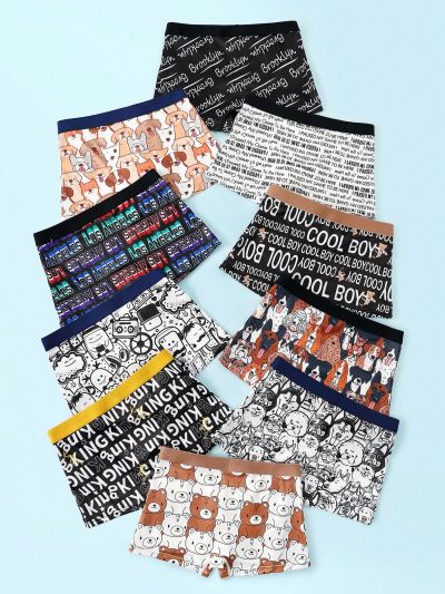 10pcs/Set Cartoon Letter Printed Boxer Briefs For Tween Boys