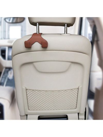 Car Purse Hook, 2 in 1 Car Seat Headrest Hooks Durable Hanger Storage Holder Leather Organizer for Hanging Grocery Bags, 2 Pack, brown