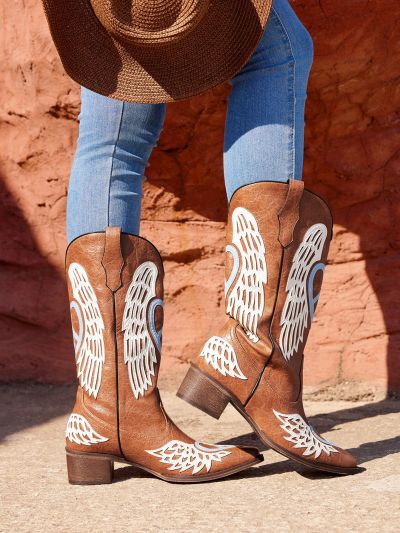Styleloop Styleloop Women's Brown Vintage Western Boots With Carved Flowers, Embroidery And Faux Leather,Women's Mid Calf Boots,Fashionable European Style Women Brown Boots