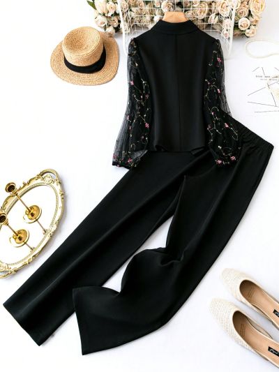 SHEIN CURVE+ Plus Size Mesh Patchwork Blazer Set