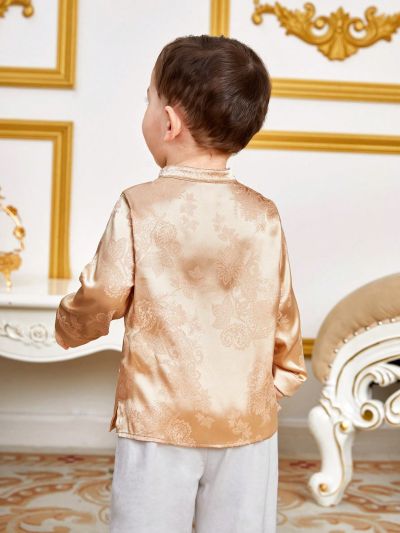 SHEIN Baby Boys' Paisley Print Shirt With Stand Collar And Embroidery Detail