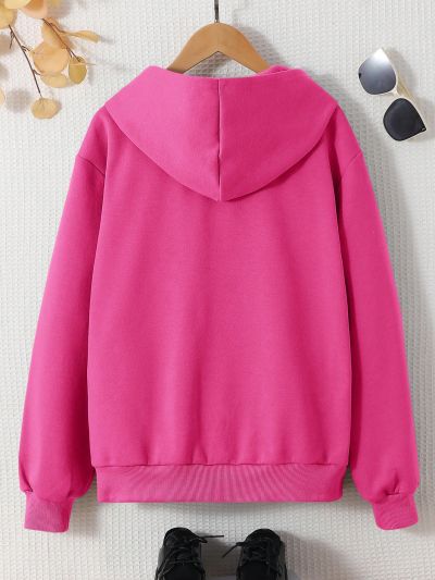 Teen Girls' Knitted Sweater Hoodie With Printed Slogan Design And Fleece Lining