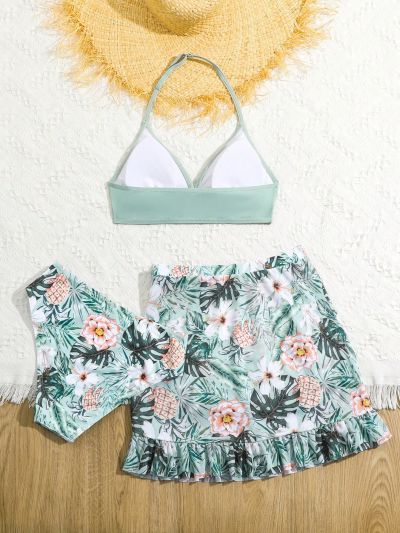 Teen Girls' Tropical Plant Print Swimsuit Set