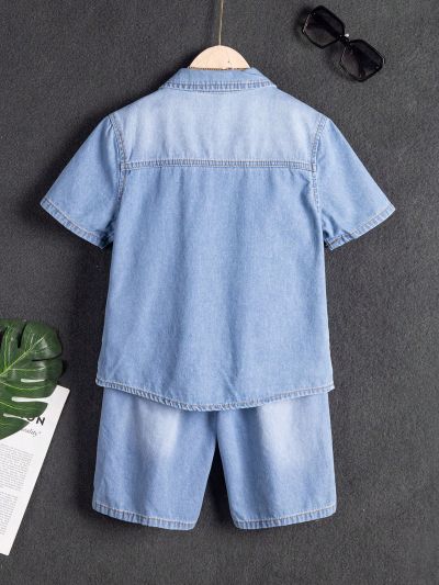 New Arrival Tween Boys' Casual Fashion Short Sleeve Denim Shirt And Shorts Set, Washed Style
