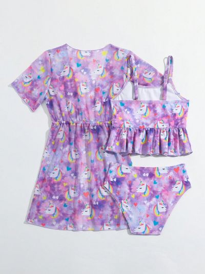 Little Girls' Tie Dye Cartoon Printed Bikini 3pcs Set