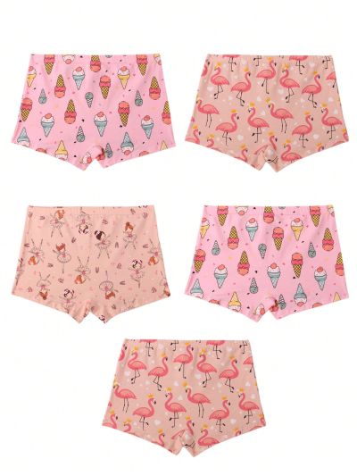 Young Girl Pink Ice Cream & Flamingo & Ballet Mixed Elements 5pcs Pack Boyshorts Panties