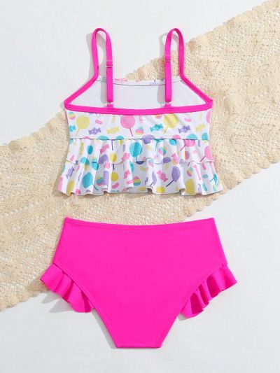 Little Girls' Lollipop Printed Halterneck Tankini Swimsuit