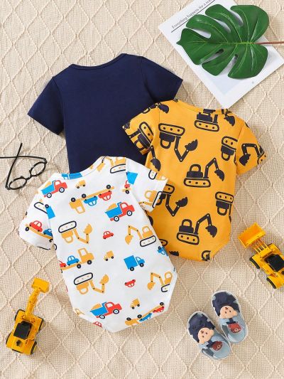 Baby Boy 3pcs/Set Cute Excavator & Transportation Pattern Printed Short Sleeve Romper For Spring/Summer, Fun & Casual