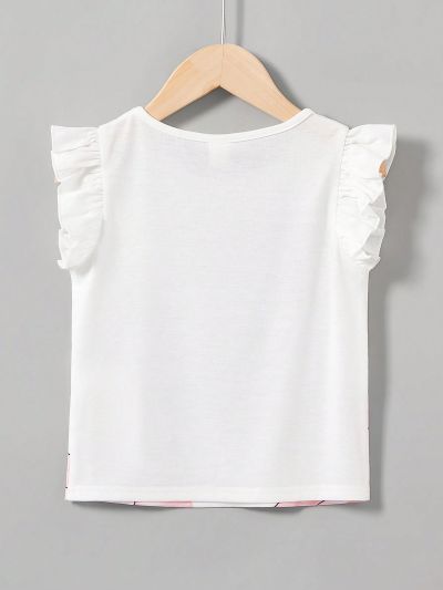 SHEIN Kids QTFun Young Girls' Round Neck Flying Sleeve Cute Animal Pattern Knit T-Shirt