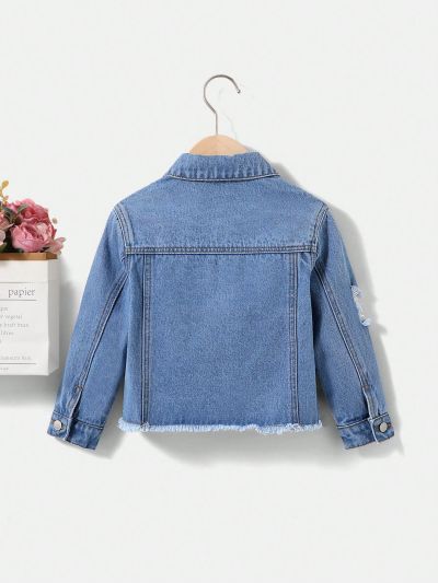 SHEIN Young Girls' Frayed Ripped Denim Jacket