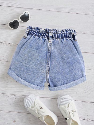 SHEIN Baby Girls' Fashionable Star Pattern Waterwashed Denim Shorts For Casual Wear