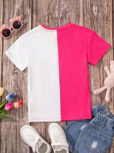 SHEIN Kids HYPEME Little Girls' Street Style Cartoon & Letter Print Round Neck Short Sleeve Knit T-Shirt