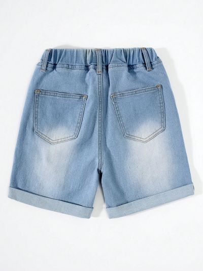 SHEIN Boys' Elastic Waist Mid-Rise Cuffed Denim Shorts, Tween