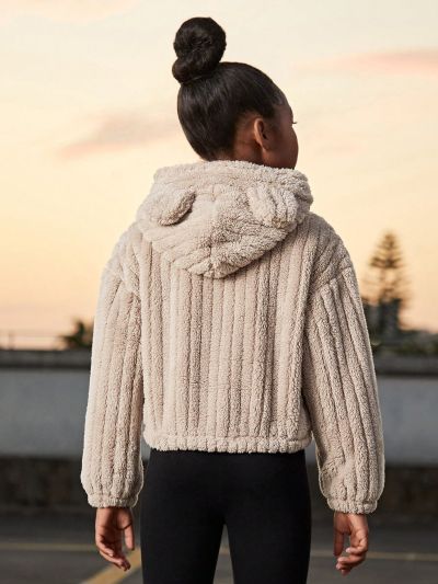 SHEIN Kids Cooltwn Girls' Thick Double-sided Fleece Hooded Jacket, Ideal For Casual Wear In Fall & Winter