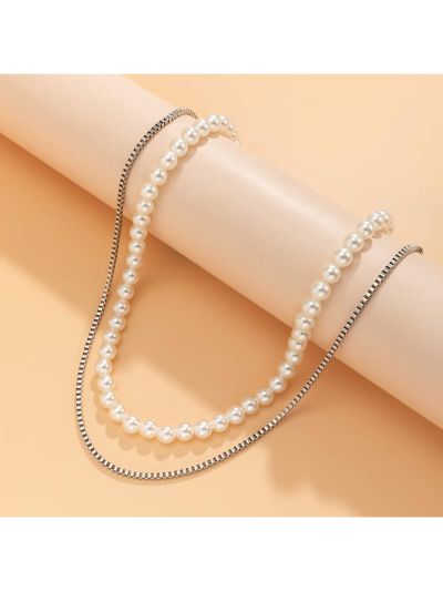 2pcs Chain Faux Pearl Necklace Set Suitable For Men's Daily Wear