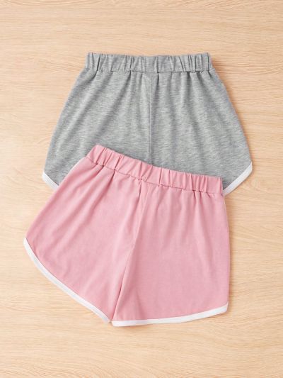 SHEIN Kids SUNSHNE Girls' Knitted Contrast Loose Fit Casual Shorts 2pcs/set