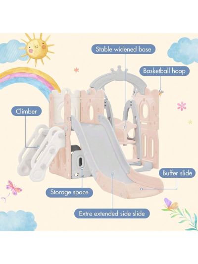 Merax Toddler Slide and Swing Set 5 in 1, Kids Playground Climber Slide Playset with Basketball Hoop Freestanding Combination for Babies Indoor & Outdoor