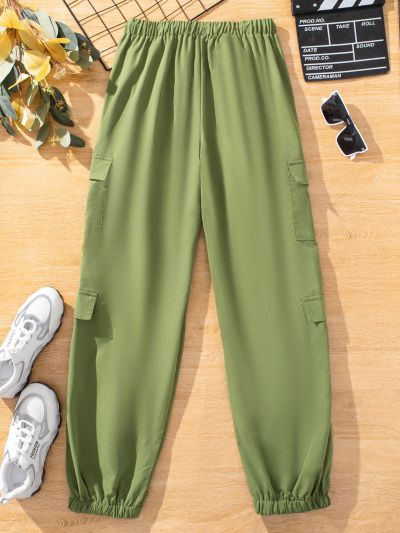 Teenage Boys' Long Workwear Style Pants With Decorative Flap Pockets And Woven Belt, For Spring And Autumn