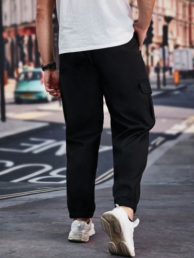 Extended Sizes Men Plus Flap Pocket Side Drawstring Waist Cargo Pants