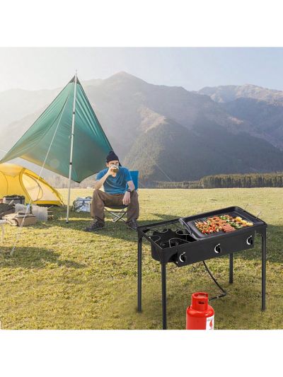 Household Double Burner Camp Stove, High Pressure 3 Burner Gas Burner Stove Adjustable PSI Regulator and 3.93ft Leather Tube, Propane Burner Cooker for Outdoor Garden Party