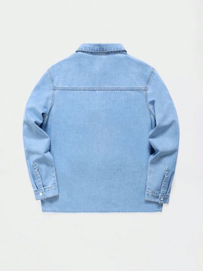 SHEIN Teen Boys' Casual Loose Fit Denim Shirt With Letter Print, Long Sleeve