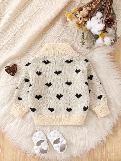 Baby Girls' Half High Collar Sweater With Heart Pattern