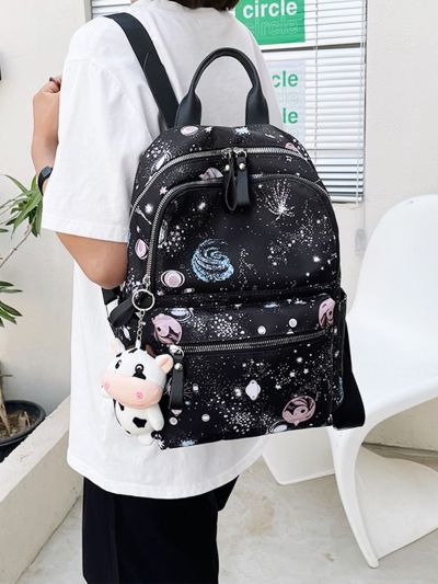 Galaxy Print Double-back Backpack School Bag With Bag Charm For Teen Girls Women,College Students Perfect for High School,College,Business,Work Outdoors Back to School