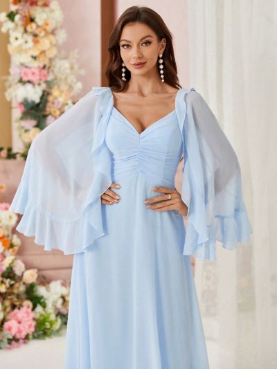 SHEIN Belle Adult Bridesmaid Dress With Layered Ruffled Hem, Pleated Bust And Umbrella Skirt Design