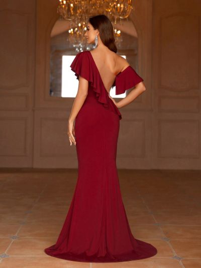 SHEIN Belle Asymmetrical Neckline Color Clash Sheer Panel Hollow Out Lace & Ruffle Decorated High Slit Hem Evening Party Dress