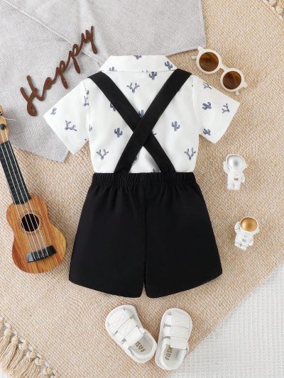 Baby Boy Casual And Cute Overall Shorts & Cactus Printed Button-Up Shirt Gentleman Outfit For Summer