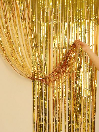 1pc Metallic Tassel Curtain, Gold Plastic Party Backdrop Decoration, For Party Decor