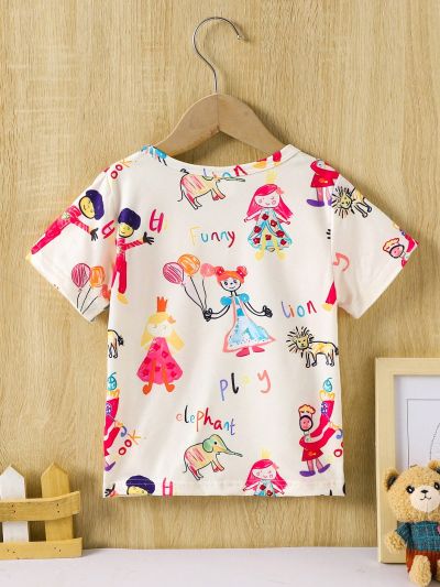 SHEIN Kids SUNSHNE Young Girl's Cartoon & Letter Printed Short Sleeve T-Shirt