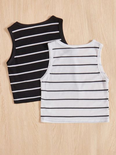 SHEIN Kids EVRYDAY Tween Girl 2pcs/Set Knitted Black & White Striped Loose Fit Sleeveless Top