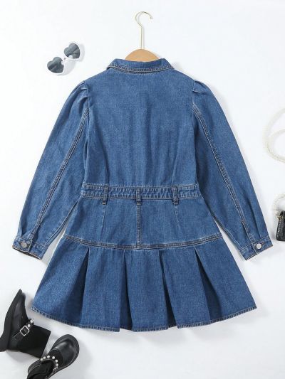 Teen Girls' Streetwear Dark Washed Blue Long Sleeve Denim Dress With Pleats