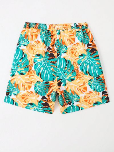 Teenage Boys' Waist Drawstring Tree Leaves Printed Swim Shorts