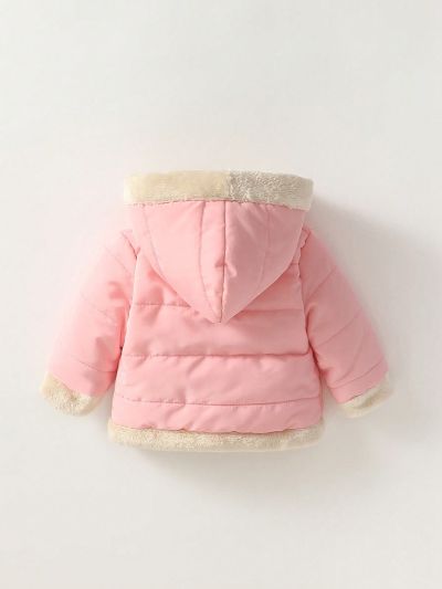 SHEIN Baby Girls' Street Style Zipper Hooded Fleece Bread Coat, Fashionable, Versatile, Warm, Casual, Simple, Daily, Winter