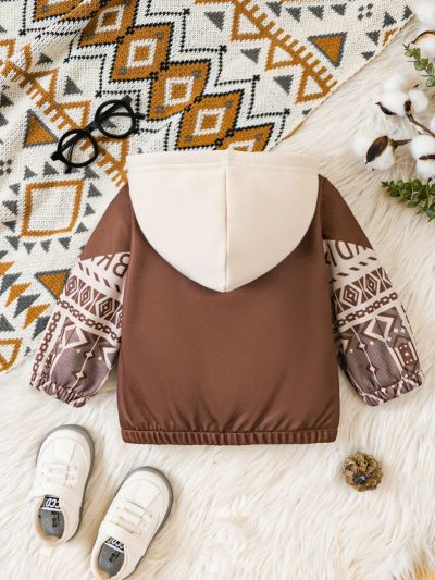 Stylish Baby Boy'S Geometric Printed Hooded Jacket In Color Block