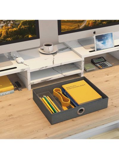 Dual Monitor Stand Riser with Drawer, Adjustable Length and Angle Monitor 2 Solts for Phone & Tablet, Desktop Organizer Stand for Computer/Laptop/PC/Printer