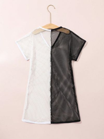 Teenage Girls' V-Neck Color Block Sheer Mesh Maxi Dress