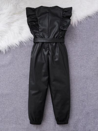 SHEIN Kids FANZEY Toddler Girls Ruffle Trim Belted PU Jumpsuit Without Tee