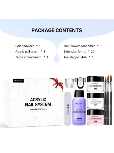 Morovan Acrylic Nail Kit - 3 Colors Acrylic Powder and Professional Acrylic Liquid set for Acrylic Nails Extension
