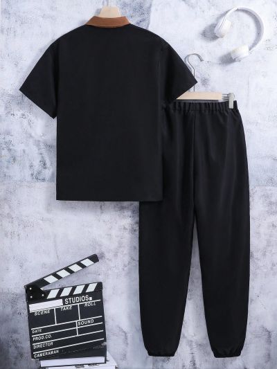 Teenage Boy's Two Piece Set Of Color Block Short Sleeve Shirt With Pocket And Pants