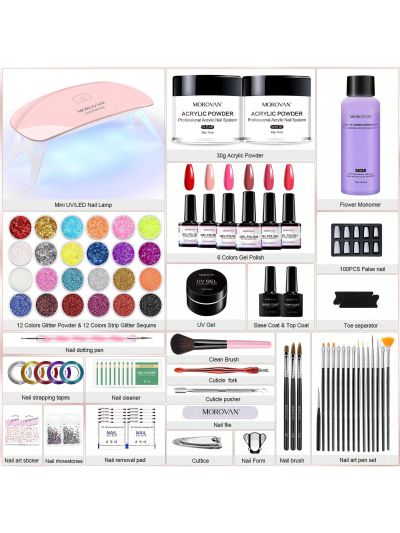Morovan Acrylic Nail Kit with Everything - for Beginners Acrylic Nails Supplies Gel Nail Polish Kit with U V Light Nails Kit Acrylic Set Glitter Acrylic Powder