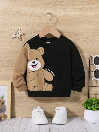 SHEIN Infant Boys' Leisure Cute Bear Pattern Color Block Long Sleeve Round Neck Sweatshirt
