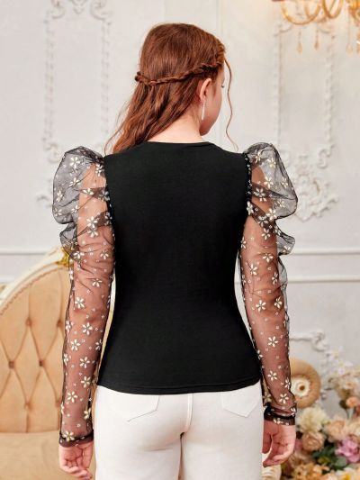 SHEIN Teen Girl Knit Patchwork Tee With Daisy Print And Mesh Fabric, Gigot Sleeve And Gold Foil Detailing